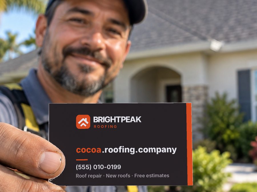 cocoa.roofing.company on a roofer's business card