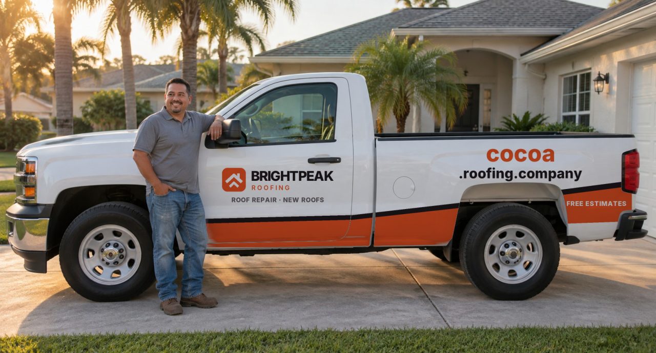 cocoa.roofing.company painted on the side of a white work truck